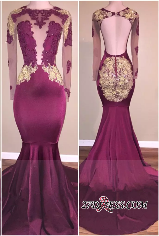 Luxury Appliques Long-Sleeve Open-Back Zipper Mermaid Prom Dress UK BA5385