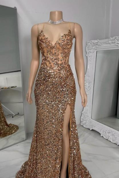 Charming Sleeveless Glitter Sequins Mermaid Prom Dress Spaghetti Straps V-Neck Side Split Party Wear Dress-27Dress.co.uk