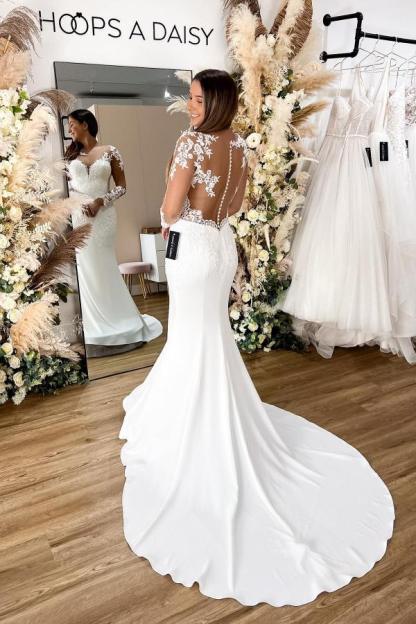Romantic Long Sleeves Mermaid Wedding Dress illusion Lace Back Appliques-27Dress.co.uk