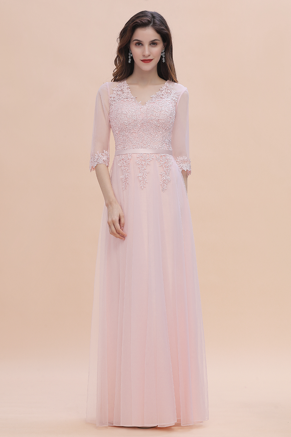 Elegant Half Sleves Pink Lace Tulle Bridesmaid Dress V-Neck Long Wedding Party Dress