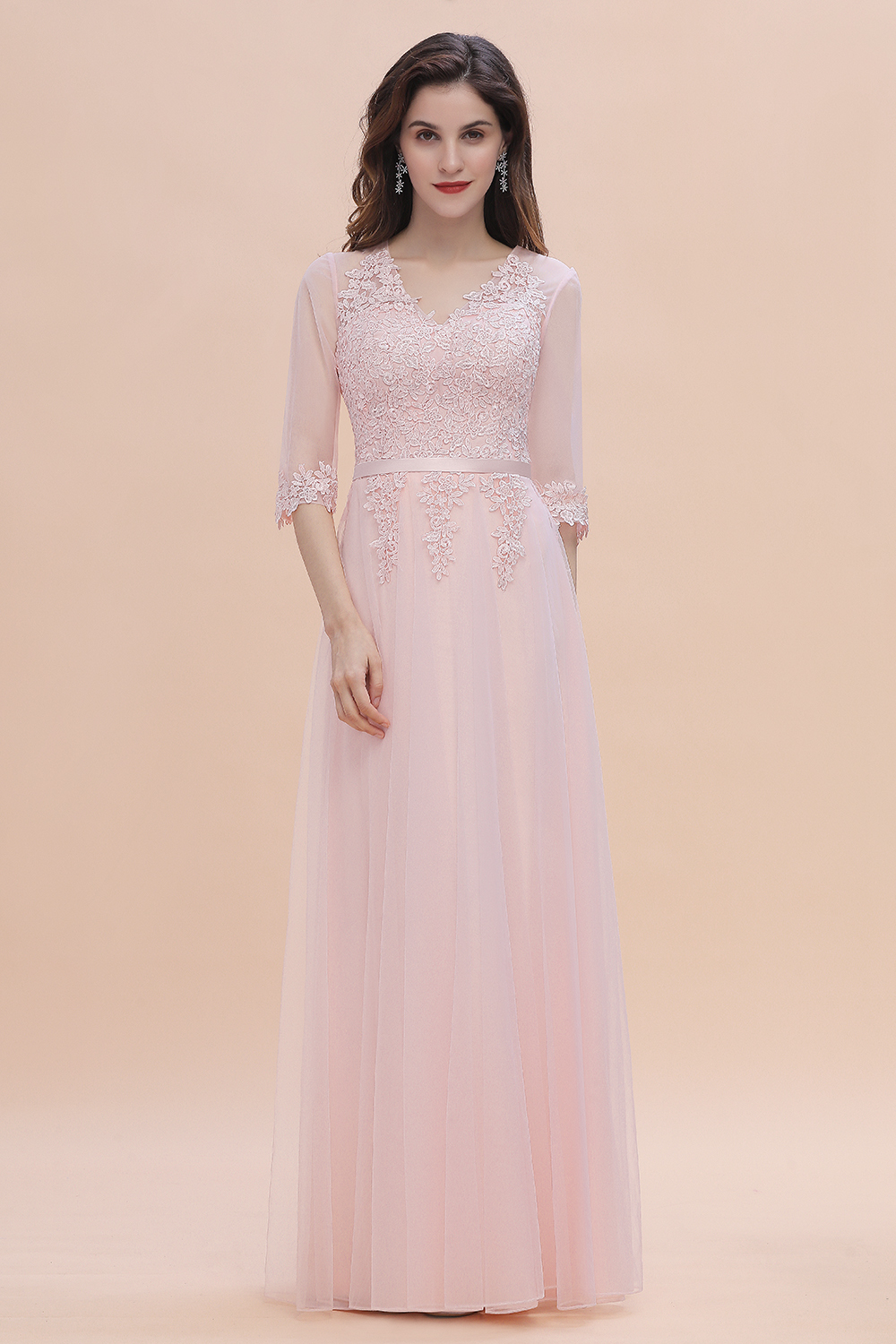 Elegant Half Sleves Pink Lace Tulle Bridesmaid Dress V-Neck Long Wedding Party Dress