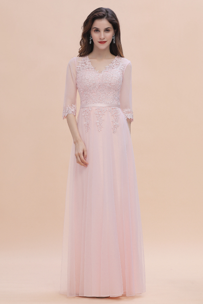 Elegant Half Sleves Pink Lace Tulle Bridesmaid Dress V-Neck Long Wedding Party Dress
