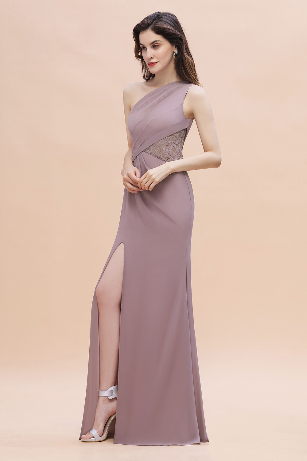Amazing One Shoulder Dusk Long Side Split Bridesmaid Dress Ruched Chiffon Wedding Party Dress
