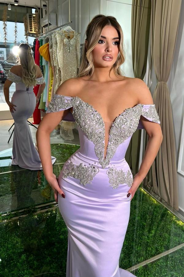 Off-the-Shoulder Lilac Satin Bodycon Prom Dresses Crystals Long Mermaid Evening Gowns-27Dress.co.uk