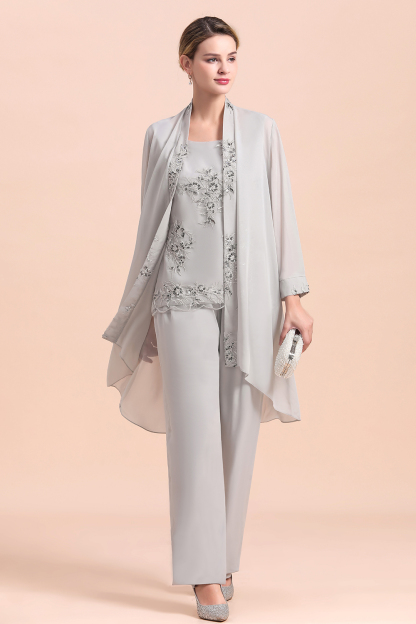 Elegant Sleeveless Appliques Silver Chiffon Mother of Bride 3 Piece Jumpsuit with Wrap