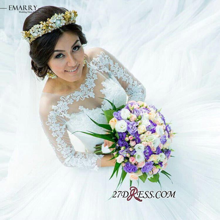 Ball-Gown Long-Sleeve Tulle Elegant Lace Princess Wedding Dress