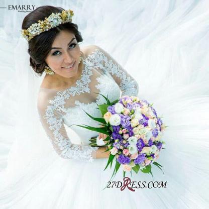 Ball-Gown Long-Sleeve Tulle Elegant Lace Princess Wedding Dress
