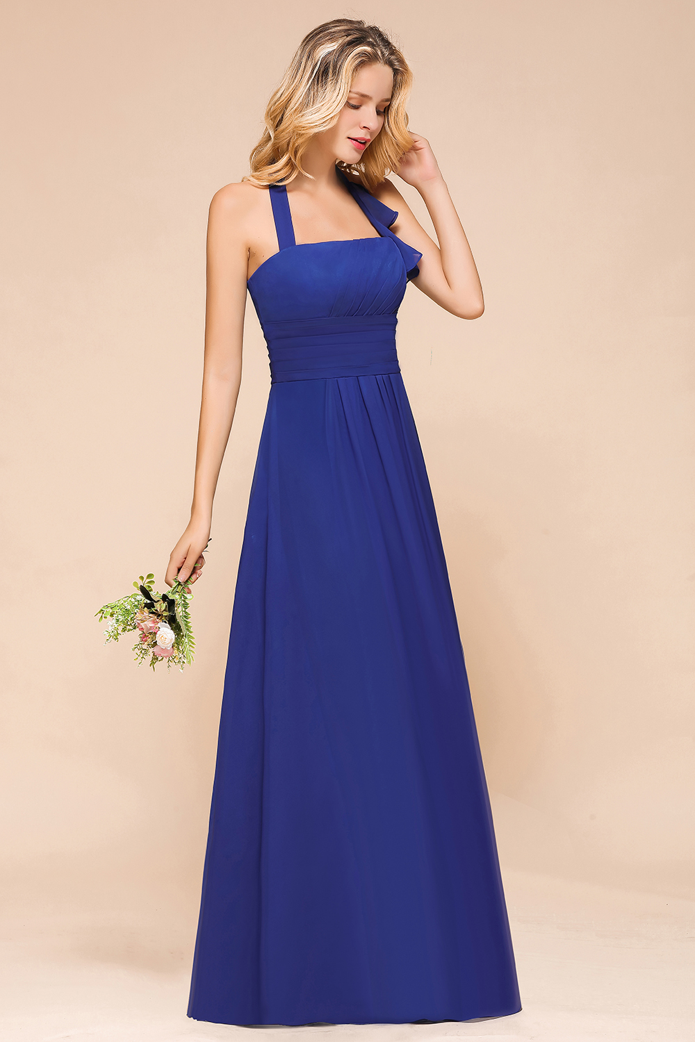 Affordable Halter Bridesmaid Dress Royal Blue Chiffon Long Wedding Guest Dress