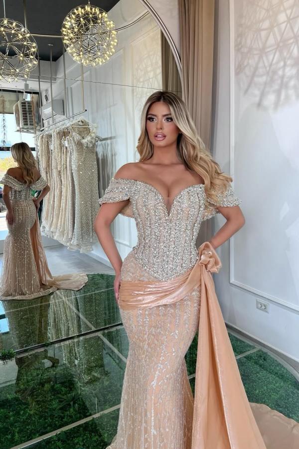 Gorgeous Off-the-shoulder Crystal Ruched Mermaid Prom Dresses