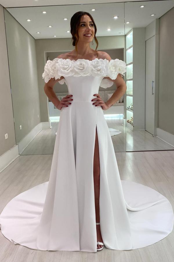 Off Shoulder Wedding Dresses Elegant Satin Bridal Gown Side Slit with 3D Flowers-27Dress.co.uk