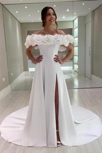 Off Shoulder Wedding Dresses Elegant Satin Bridal Gown Side Slit with 3D Flowers-27Dress.co.uk