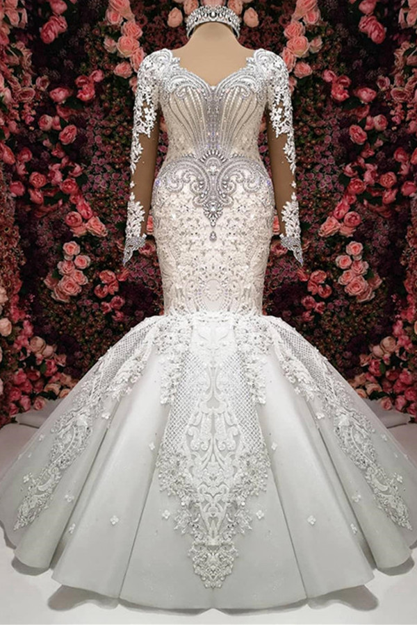 Glamorous Crystals Sexy Mermaid Bridal Gowns Long Sleeves Wedding Dresses UK