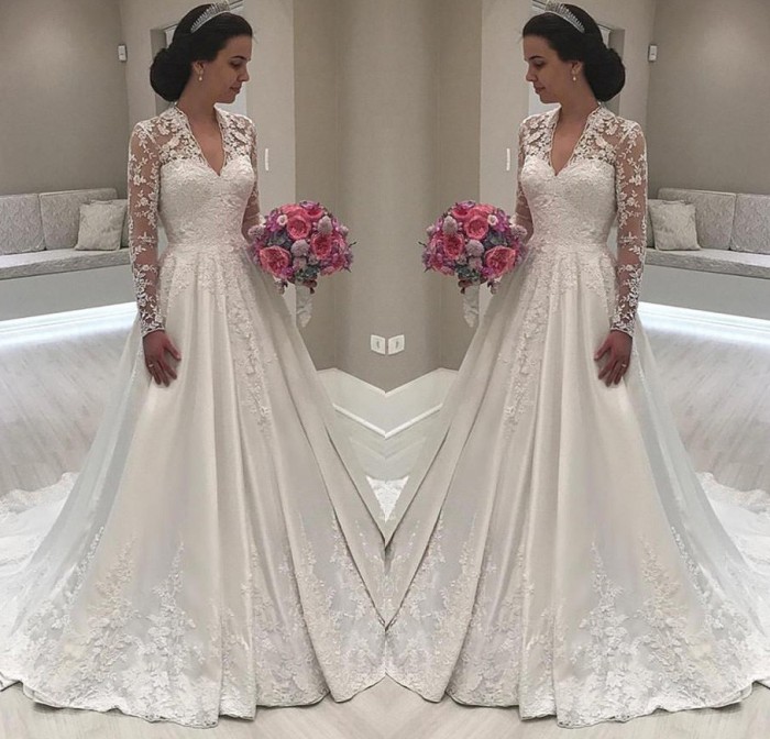 Princess Long Sleeve V-Neck Wedding Dress | 2019 Lace Bridal Gowns On Sale-27Dress.co.uk