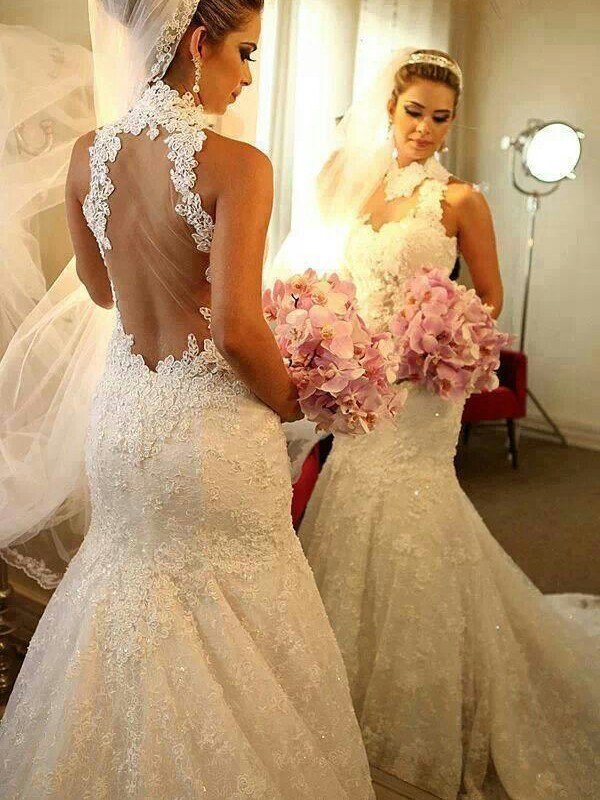 High Neck Lace Sleeveless Court Train Sexy Mermaid Wedding Dresses UK