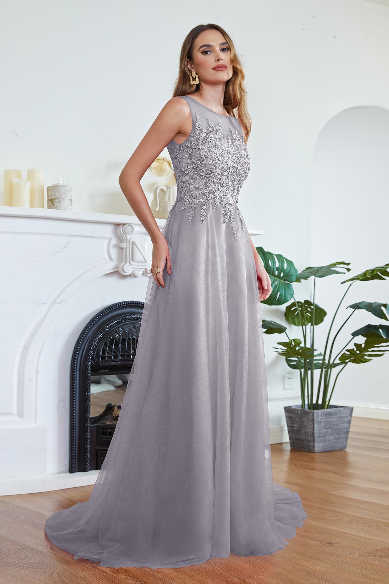 Stylish Scoop Neck Tulle Aline Evening Dress Floral Lace Long Bridesmaid Dresses Sleeveless