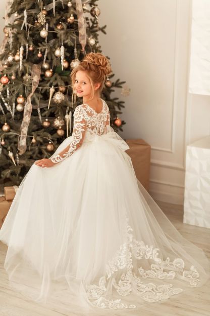 Long Sleeves White Tulle Appliques Flower Girl Dress Birthday Christmas Party Dress for Girls with Bowknot