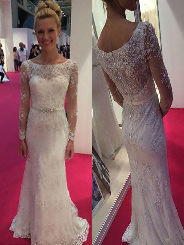 Sheath Lace Sweep Train Scoop Neckline Long Sleeves Wedding Dresses UK