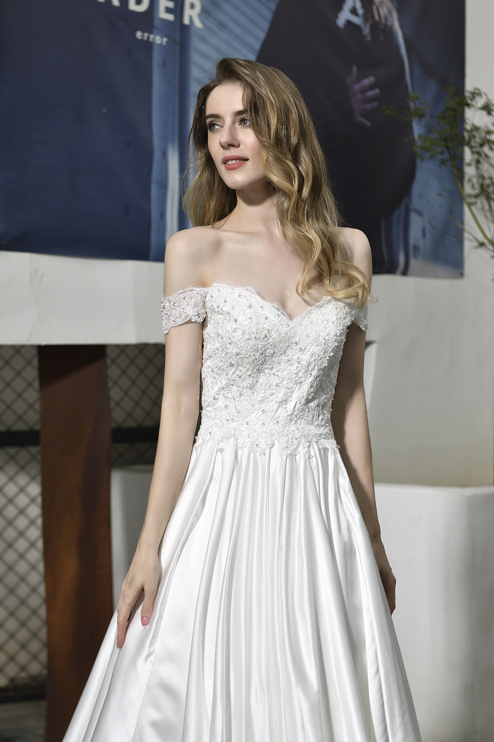 Off-the-Shoulder Satin Wedding Dress Aline Floral Lace Bridal Gown