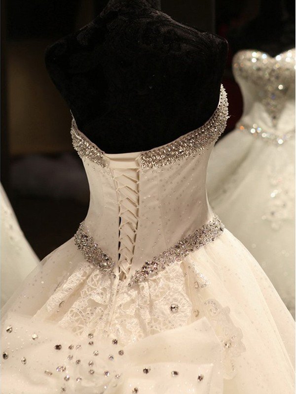 Sleeveless Applique Sequin Sweetheart Ball Gown Cathedral Train Tulle Wedding Dresses UK-27Dress.co.uk