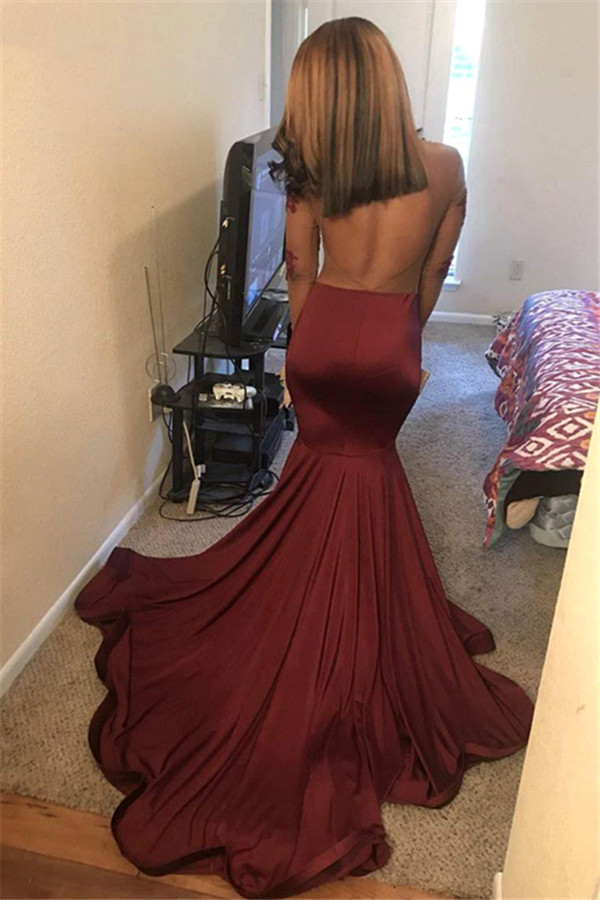 Wine Red Maroon Long Sleeves Open Back Elegant Trumpt Prom Dress UKes   27Dress.co.uk
