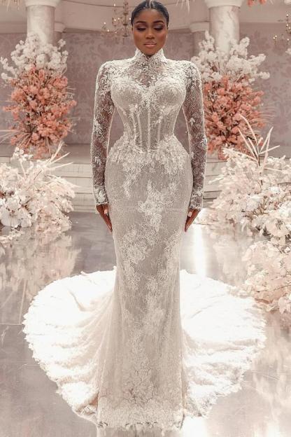 Gorgeous High Neck Floral Lace Mermaid Wedding Dresses with Sleeves Slim Bridal Gown