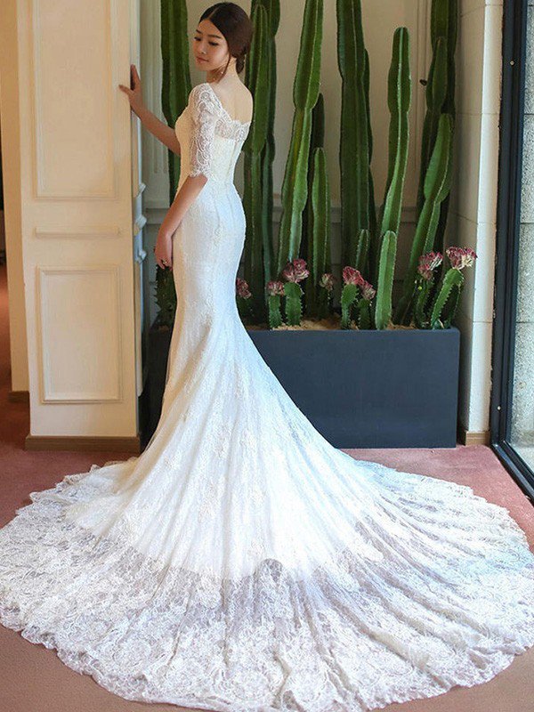 Applique Sexy Mermaid Square Cathedral Train Lace 1/2 Sleeves Wedding Dresses UK