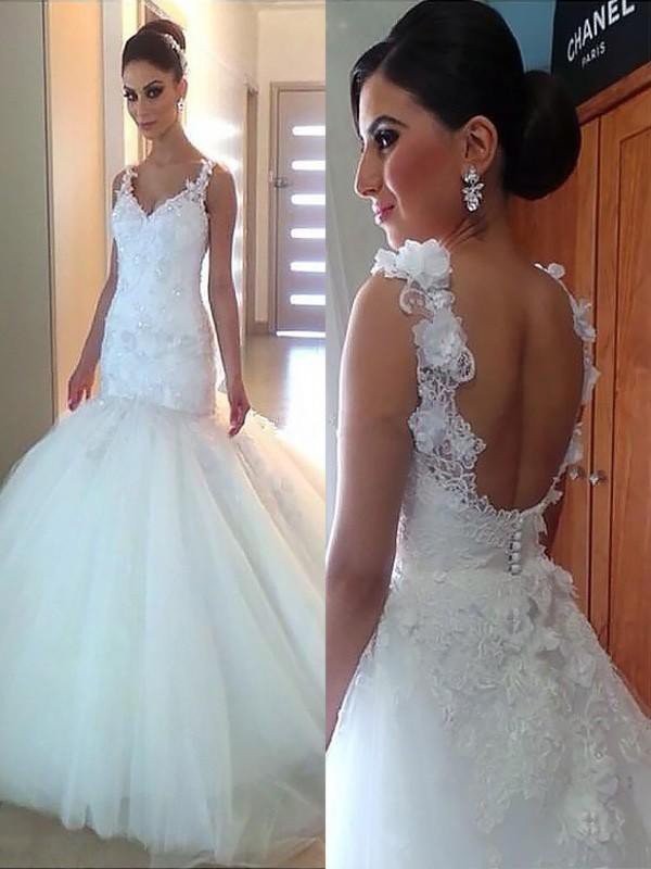 Court Train Tulle Sexy Mermaid Applique V-Neck Sleeveless Wedding Dresses UK