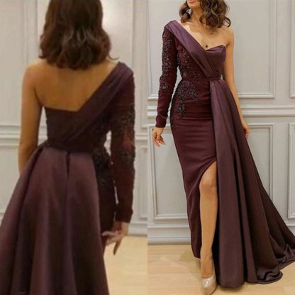 One-shoulder One-sleeve Appliqued Sheath Slit Evening Dresses