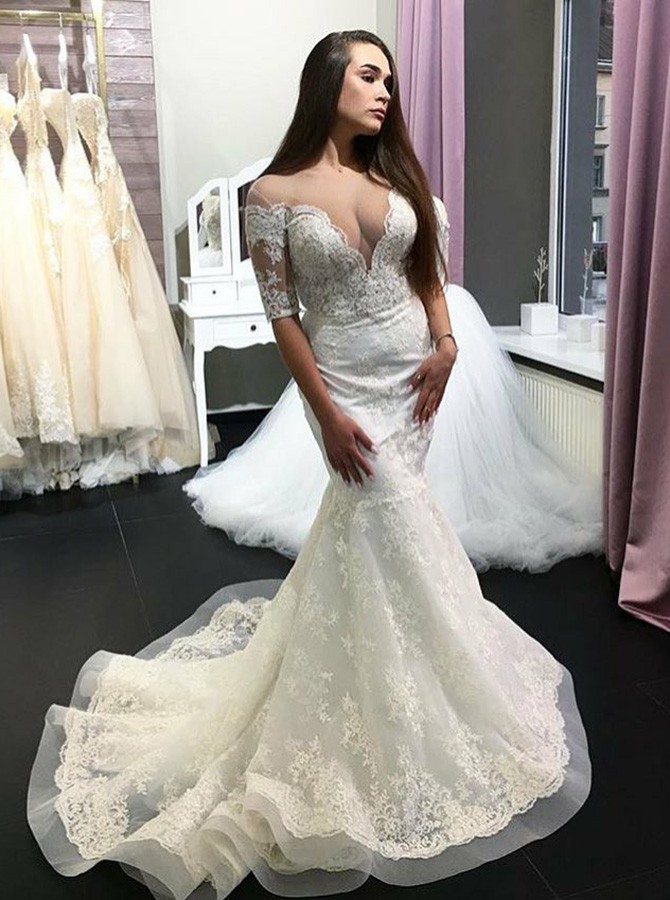 Elegant Short-Sleeve Lace Wedding Dress | Sexy Mermaid Bridal Gowns On Sale-27Dress.co.uk
