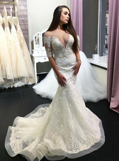 Elegant Short-Sleeve Lace Wedding Dress | Sexy Mermaid Bridal Gowns On Sale-27Dress.co.uk