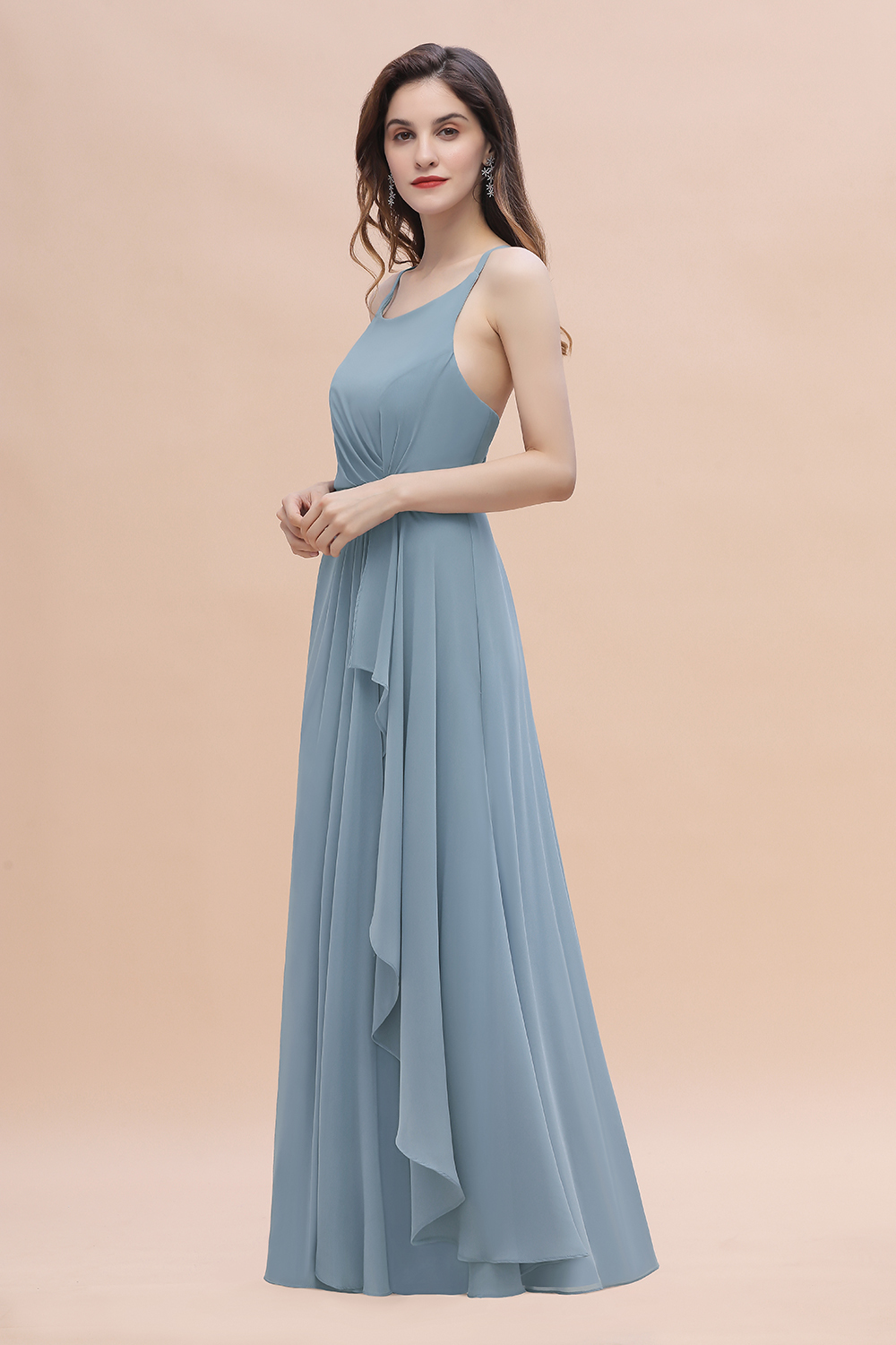 Gorgeous Dusty Blue Chiffon Bridesmaid Dress with Side Slit