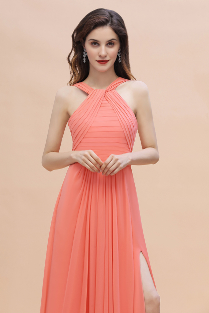 Halter Coral Long Bridesmaid Dress Ruched Chiffon Side Slit Wedding Guest Dress