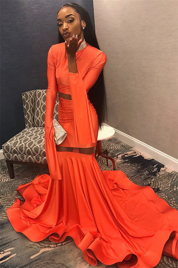 Elegant Orange Long-Sleeves High-Neck Elegant Trumpt Long Prom Dress UK