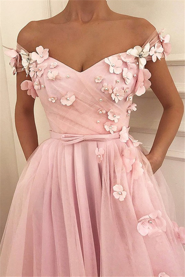 Pink Flower Off-the-Shoulder Prom Dress UKes UK Sleeveless Beads Elegant Evening Dress UKes UK with Sash