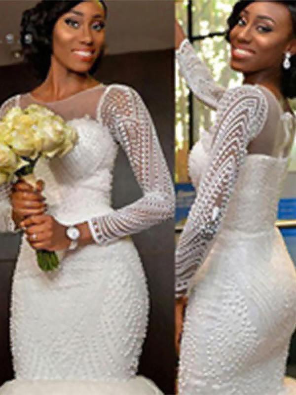 Long Sleeves Sexy Mermaid Tulle Sweep Train Beads Scoop Neckline Wedding Dresses UK