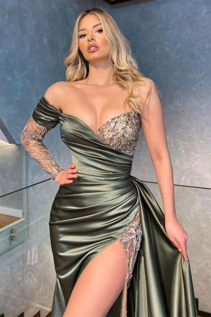 Strapless Crystal Satin Prom Dress One Shoulder Side Slit Long Evening Dress