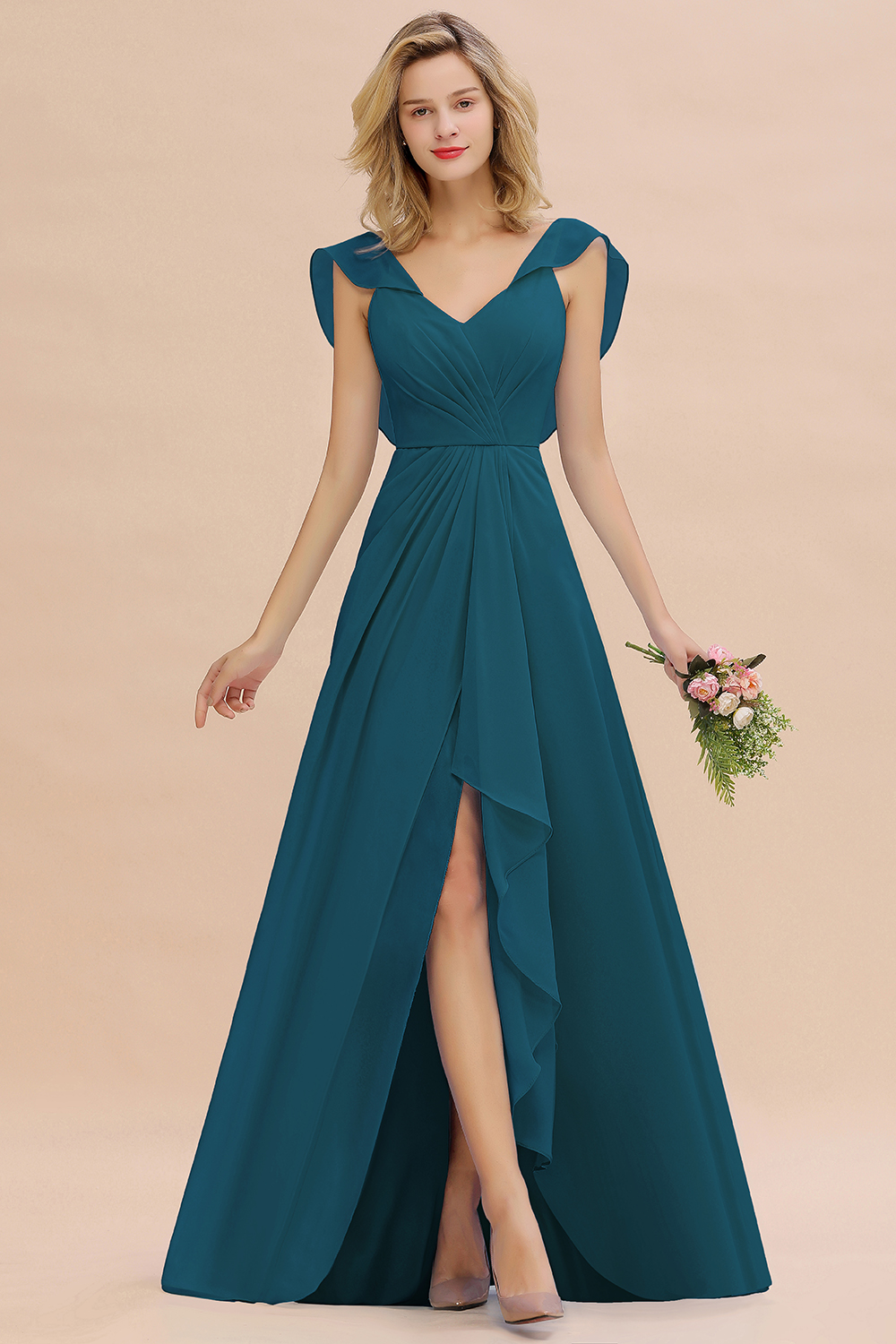 V-Neck A-line Bridesmaid Dress Chiffon Long Wedding Party Dress with Split