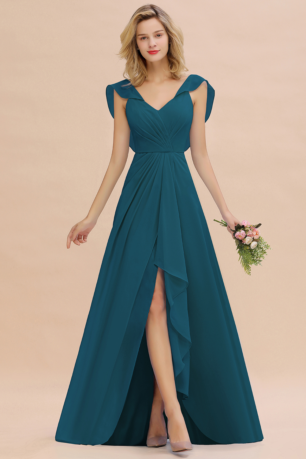 V-Neck A-line Bridesmaid Dress Chiffon Long Wedding Party Dress with Split