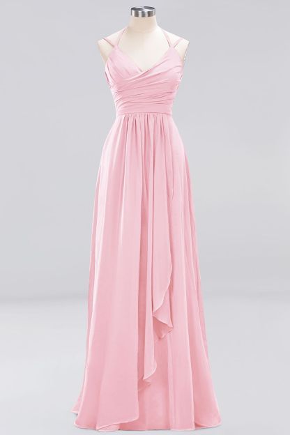 A-line Sleeveless Ruffles Chiffon Floor-Length Bridesmaid Dresses with Straps
