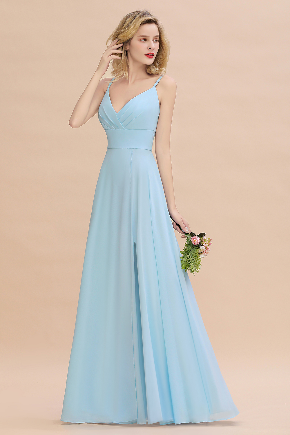 V-Neck A-line Bridesmaid Dress Straps Chiffon Long Wedding Party Dress with Side Split