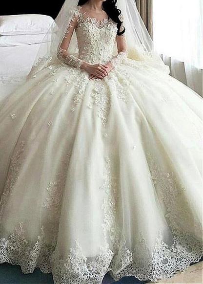 Ball Gown Long Sleeves Appliqued Court Train Wedding Dresses UK