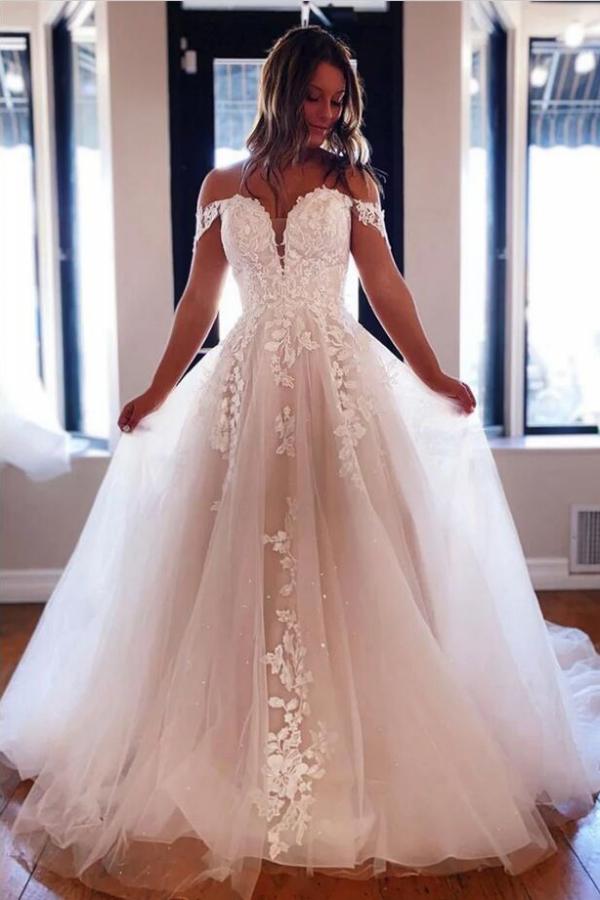 Elegant Off Shoulder Tulle Lace Wedding Dress Aline Floor Length Bridal Dress