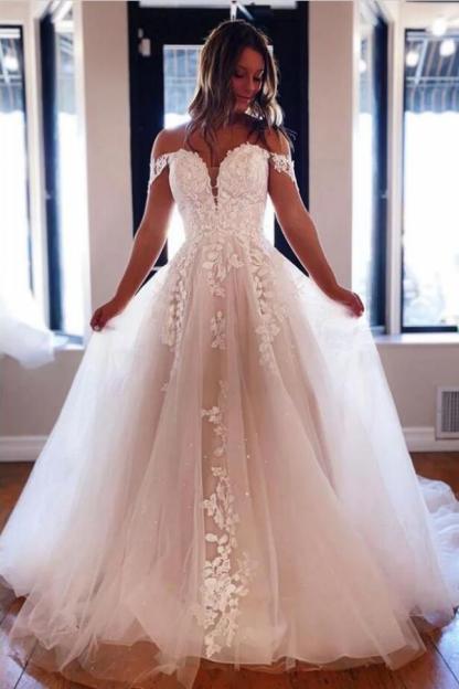Elegant Off Shoulder Tulle Lace Wedding Dress Aline Floor Length Bridal Dress