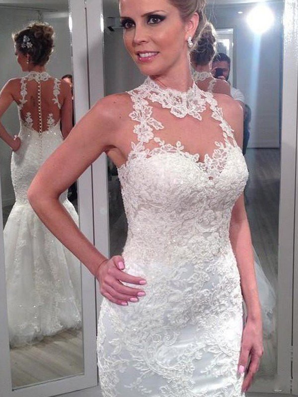 Sleeveless Lace Tulle Sexy Mermaid Floor-Length High Neck Wedding Dresses UK