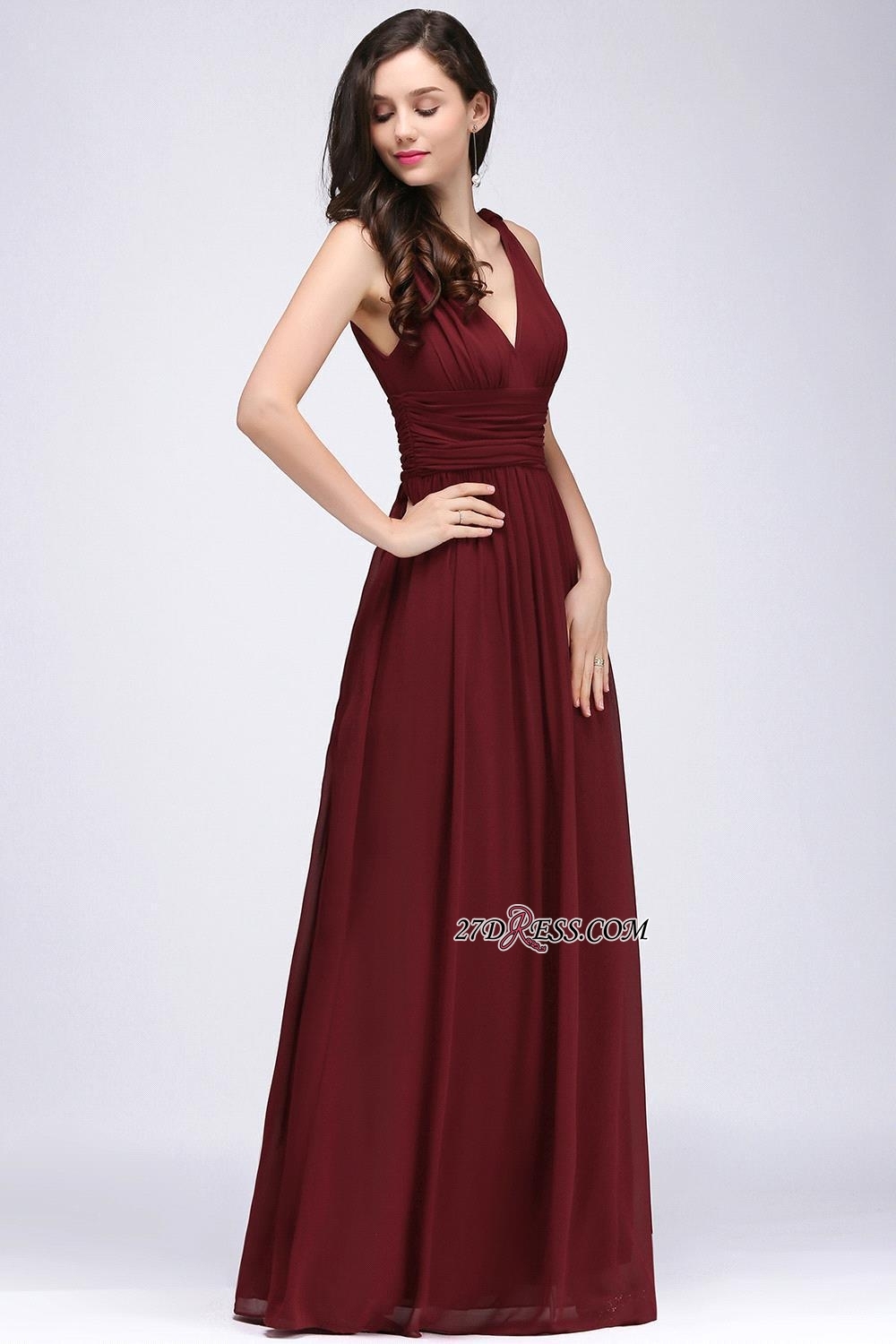 V-Neck Ruched Chiffon A-line Burgundy Evening Dress UKes UK