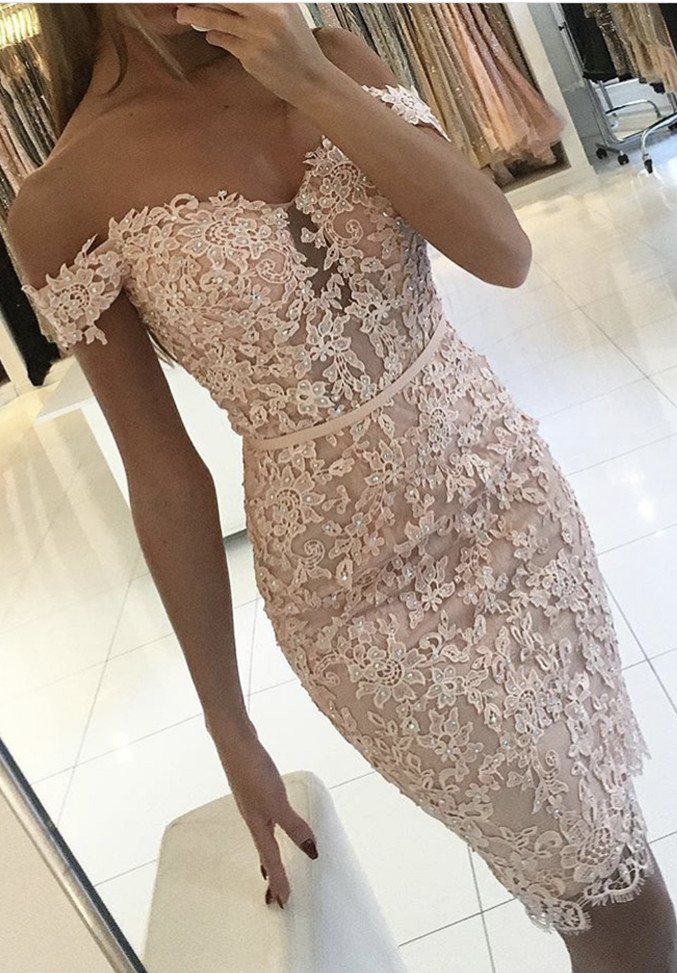 Buttons Lace Off-the-Shoulder Elegant Short Tight Homecoming Dress UK BA6358