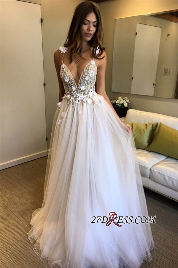 V-Neck A-line Appliques Evening Gowns | Sleeveless Prom Dress UK