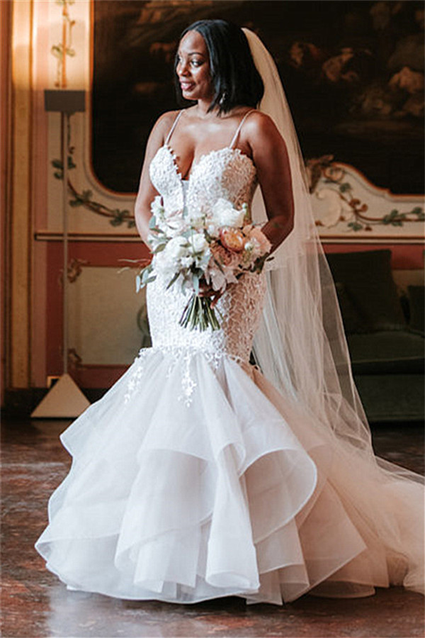 Elegant Spaghetti-Strap Appliques Wedding Dresses UK | Rubbons Sexy Mermaid Sleeveless Floral Bridal Gowns