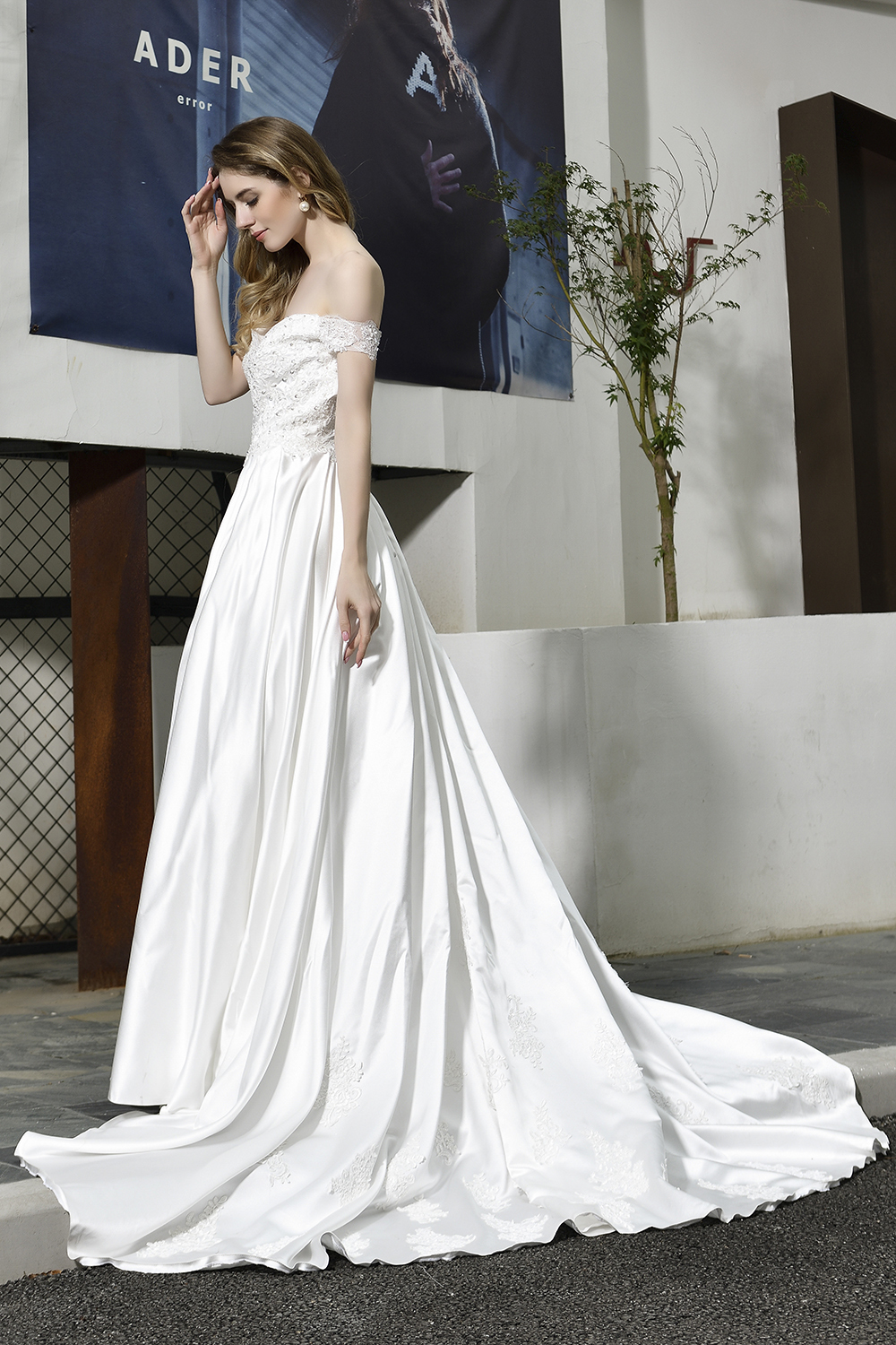 Off-the-Shoulder Satin Wedding Dress Aline Floral Lace Bridal Gown