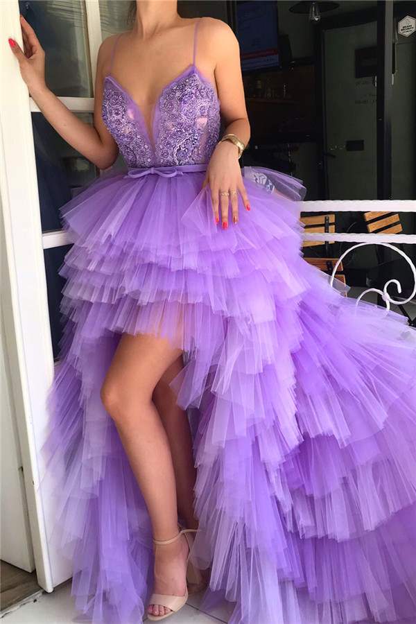 Hi-Lo Deep V-Neck Sleeveless Evening Dress | Spaghgtti Straps Appliques Prom Dress UK